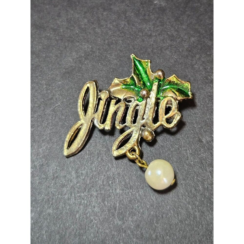 Gold tone holiday jingle brooch Christmas faux pearl